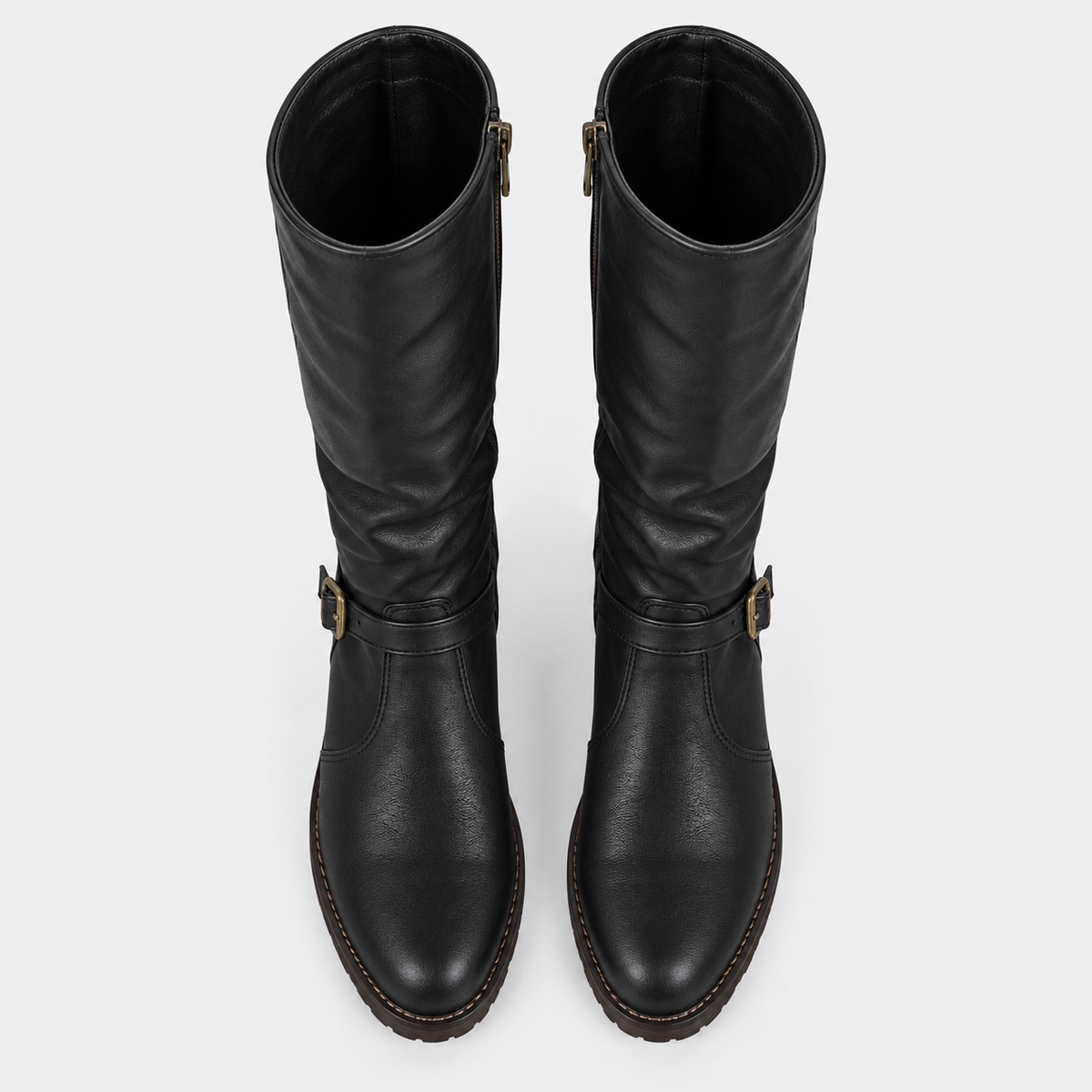 Front view of women's black knee-high boots with rounded toes and chunky block heels