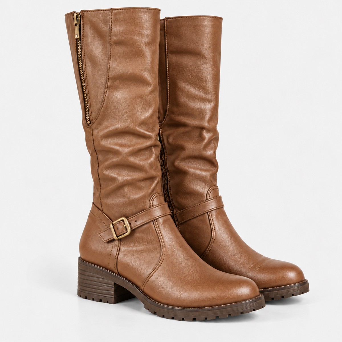 Women's tan knee-high boots with buckle strap detail, side zipper, and chunky block heels