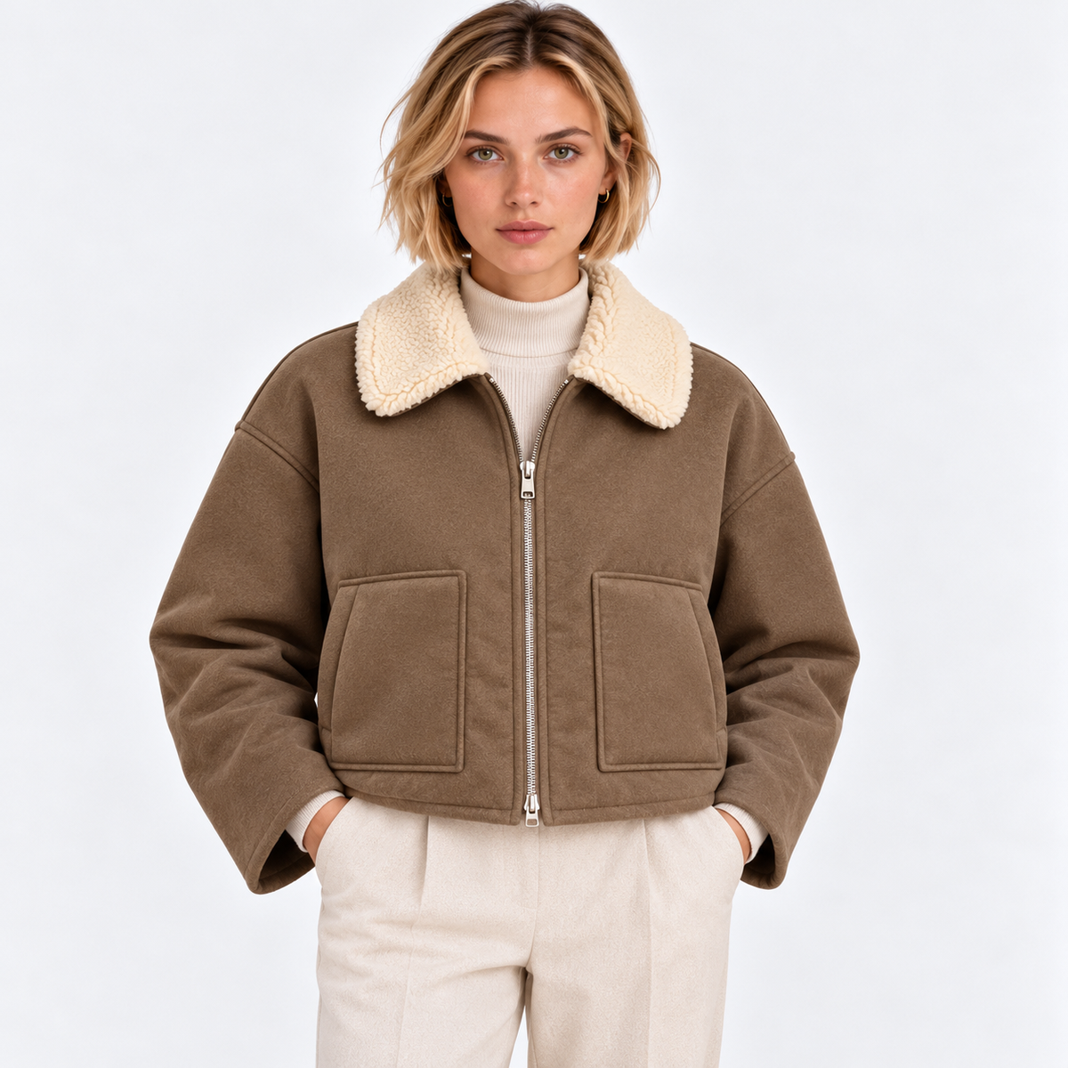 1. Women's Khaki shearling collar jacket with cream lining and front pockets