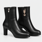 Women's black leather ankle boots with side zipper and block heels