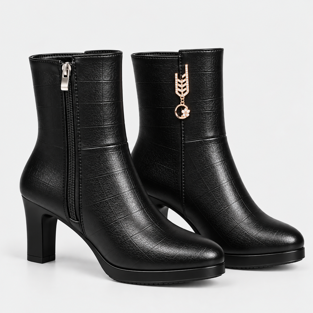 Women's black leather ankle boots with side zipper and block heels