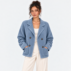 Women's light blue double-breasted knit blazer with notched lapels and front pockets