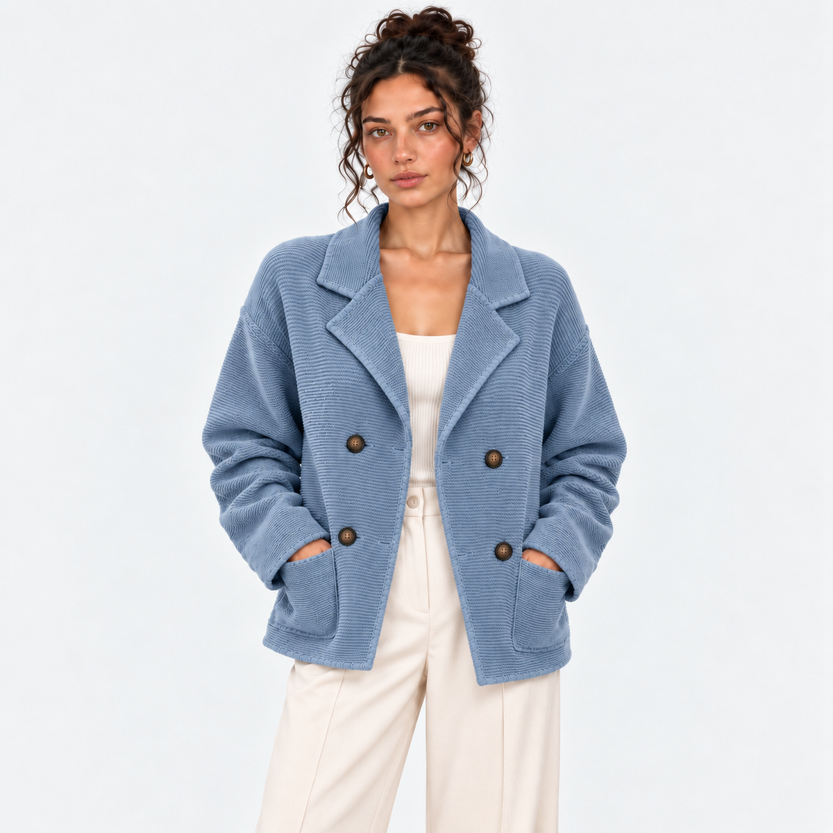 Women's light blue double-breasted knit blazer with notched lapels and front pockets