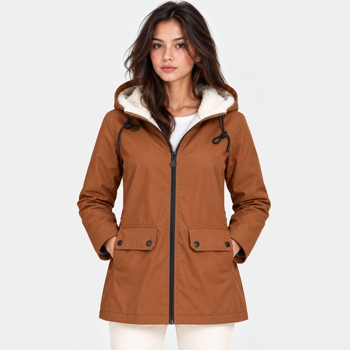 A woman wearing a brown hooded jacket with a cream sherpa-lined hood, black drawstrings, and front flap pockets, photographed against a light gray studio background.