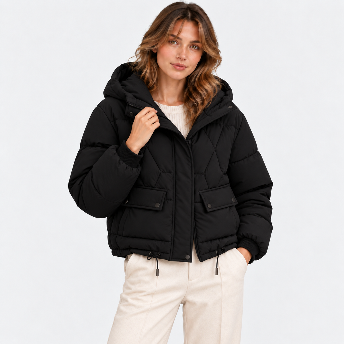 Women's black quilted puffer jacket with hood and front pockets