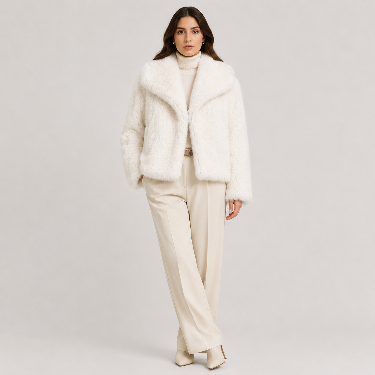 A woman modeling a white faux fur cropped jacket over a cream turtleneck and cream wide-leg trousers, standing against a light gray studio background.