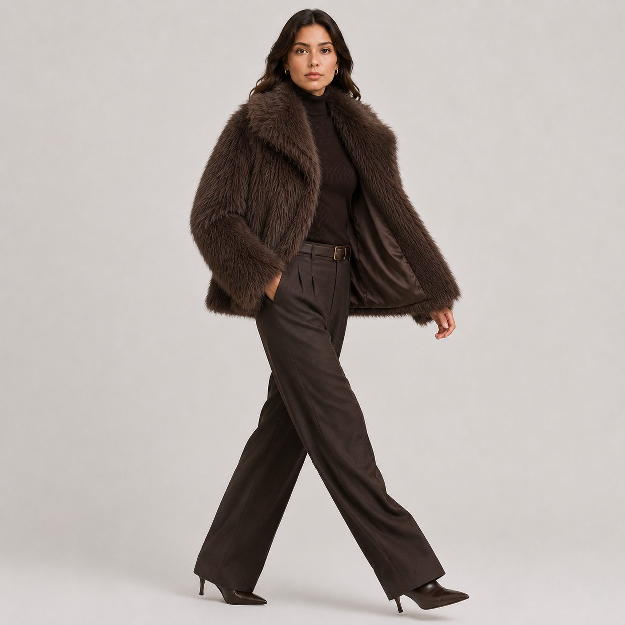 A woman models a dark brown faux fur jacket over a black turtleneck and dark brown wide-leg trousers, walking against a light gray studio background.