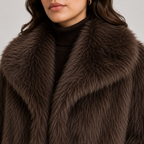 A close-up of a model wearing a luxurious dark brown fur coat with a wide, plush collar over a black ribbed turtleneck sweater.
