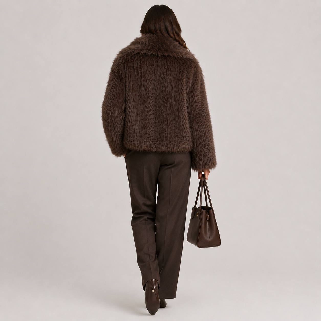 A woman shown from behind wearing a dark brown textured fur jacket, dark brown trousers, and dark brown pointed-toe boots, while carrying a dark brown leather handbag against a light gray studio background.