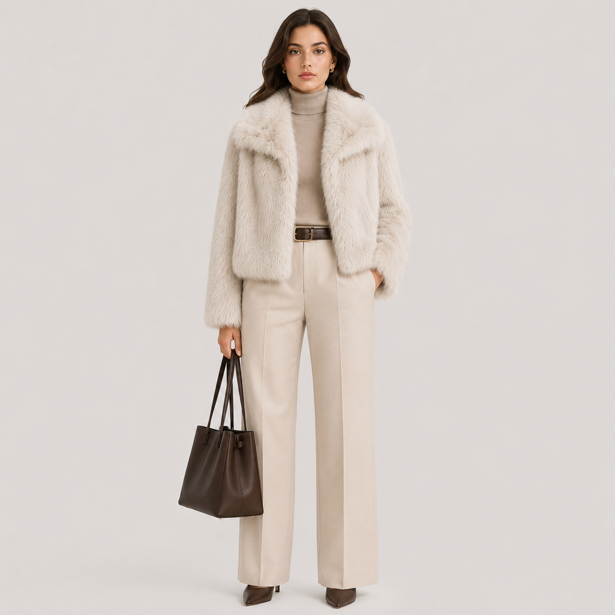 A woman stands against a light gray studio background wearing a fluffy cream faux-fur jacket over a beige turtleneck, paired with cream wide-leg trousers, a thin dark belt, and brown pointed shoes. She holds a dark brown leather tote bag.