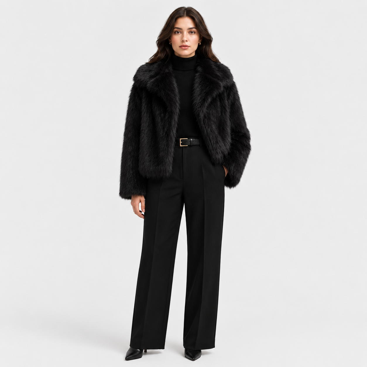 A model stands against a light gray studio background wearing a black faux fur jacket over a black turtleneck, paired with black wide-leg trousers and black pointed shoes.