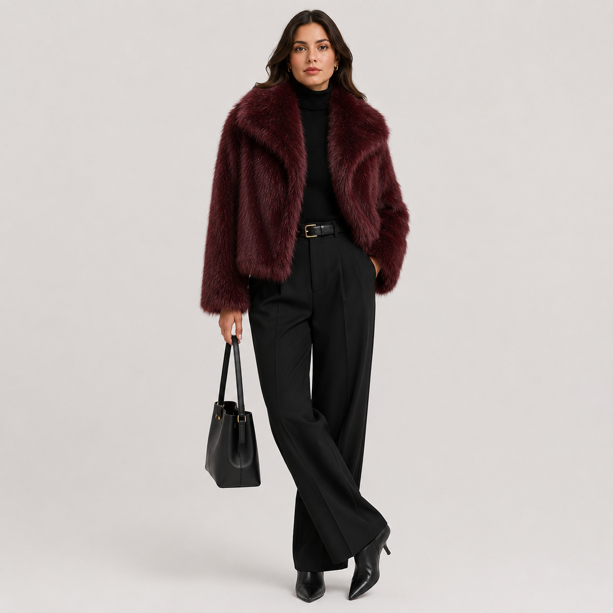 A model stands against a light gray studio background wearing a plush burgundy faux fur jacket over a black turtleneck, black wide-leg trousers, black pointed-toe heels, and holding a black leather handbag.