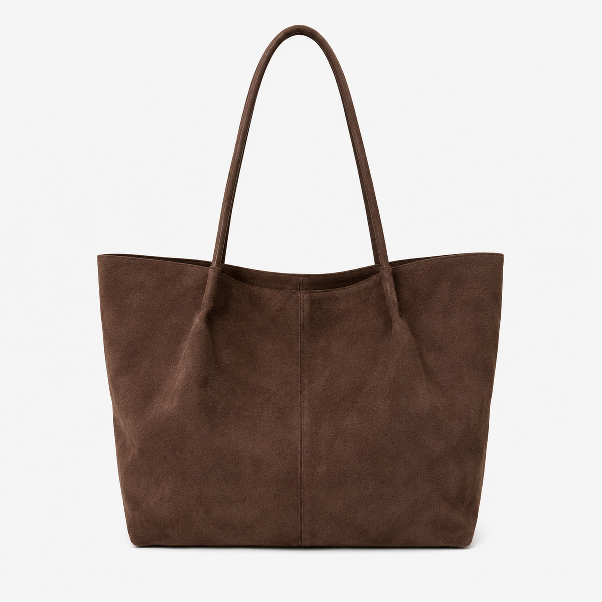 A dark brown suede tote bag with two shoulder straps, shown against a plain white background.