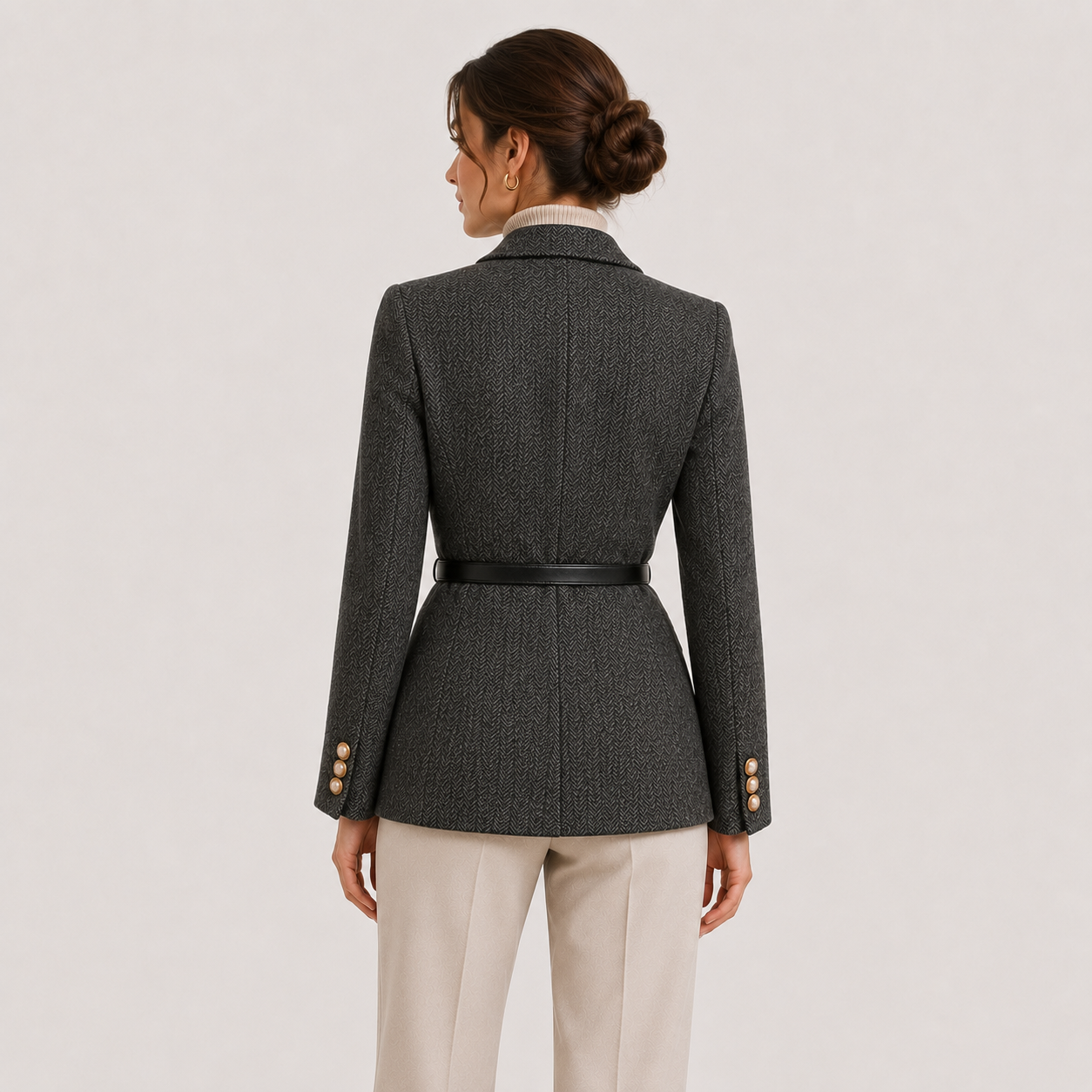 A woman shown from the back wearing a dark gray textured blazer with a black belt and gold buttons, paired with beige trousers, against a light gray studio background.