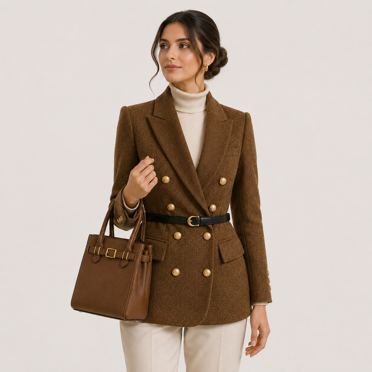 A woman models a brown double-breasted blazer with gold buttons, a black belt, and a matching brown handbag, styled over a cream turtleneck and cream trousers against a light gray studio background.