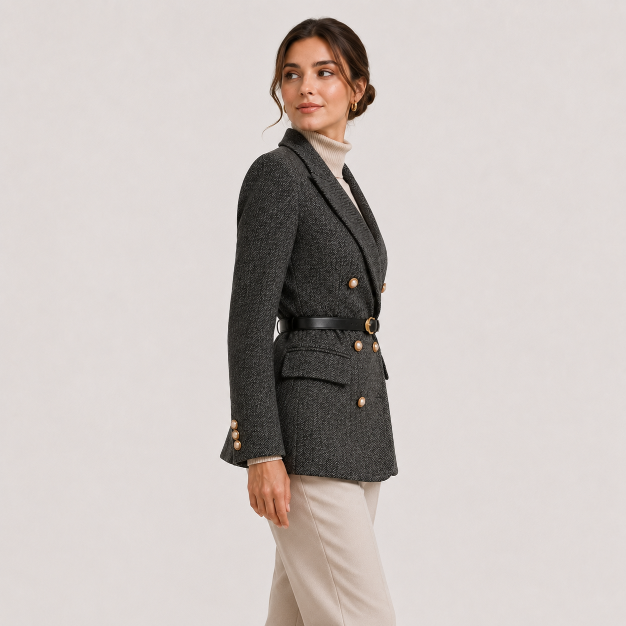 A woman modeling a dark gray textured double-breasted blazer with gold buttons, a black belt, and beige trousers, shown from a side profile against a light gray studio background.