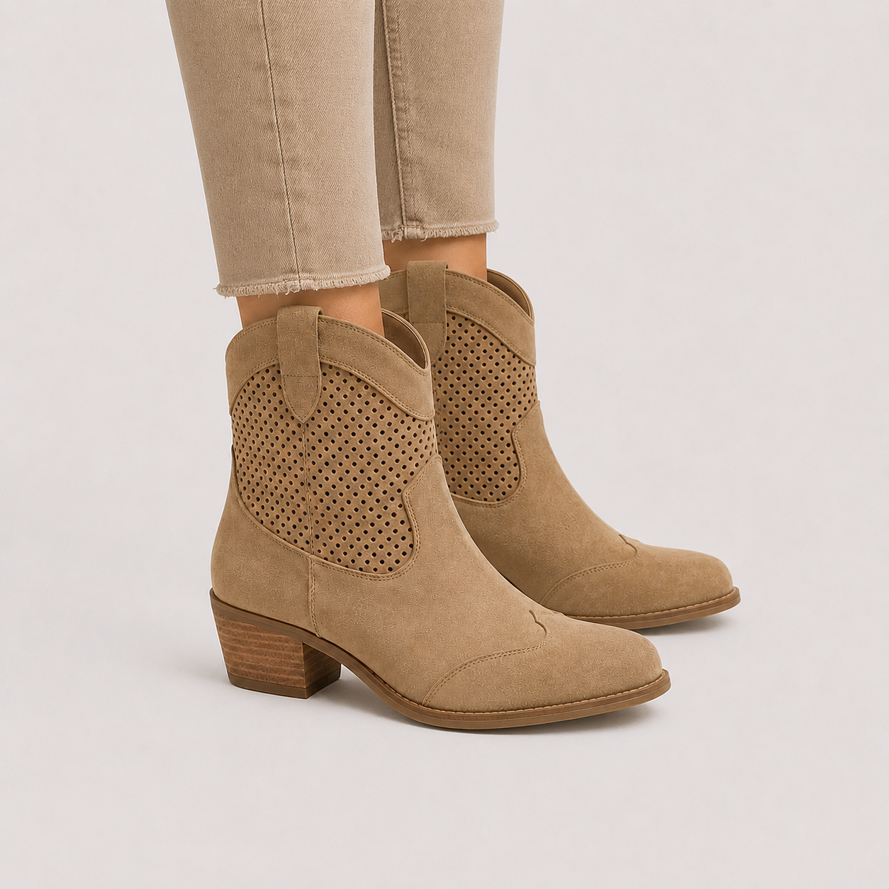 A pair of tan suede western-style ankle boots with perforated side panels, shown on a model wearing beige jeans against a light gray studio background.