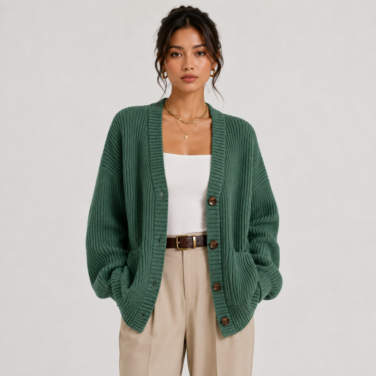 A woman models an oversized green ribbed knit cardigan with brown buttons, worn open over a white tank top and beige trousers, against a light gray studio background.