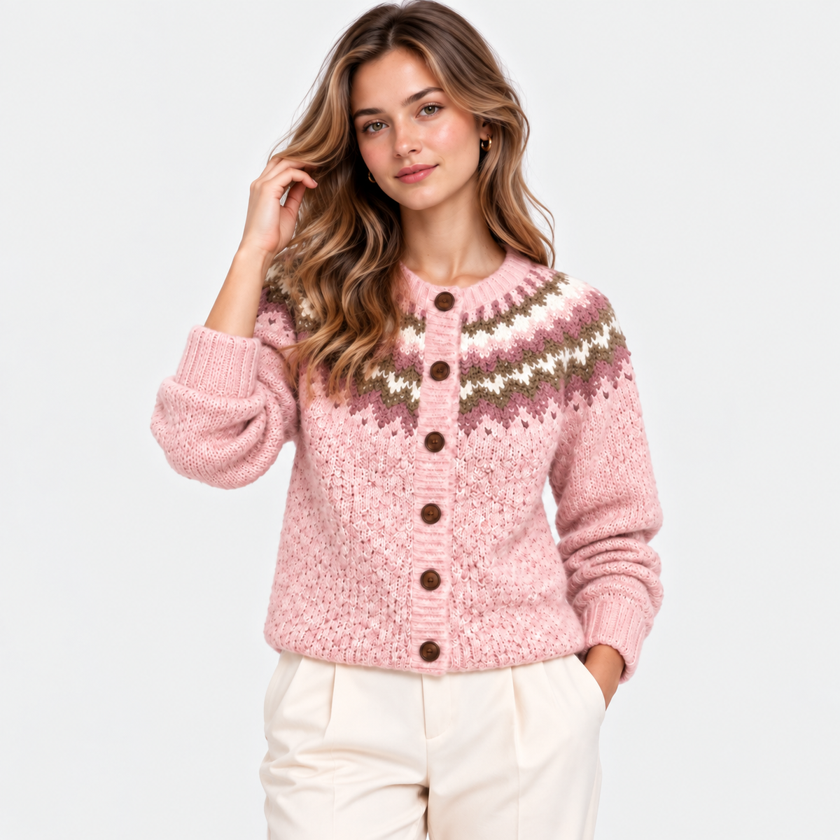 A woman modeling a pink knit cardigan with a Fair Isle pattern in cream, olive green, and dusty rose, featuring brown buttons, paired with cream trousers against a light gray studio background.
