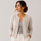 A woman wearing a light beige knit cardigan over a gray top and white pants, standing against a plain light gray studio background.