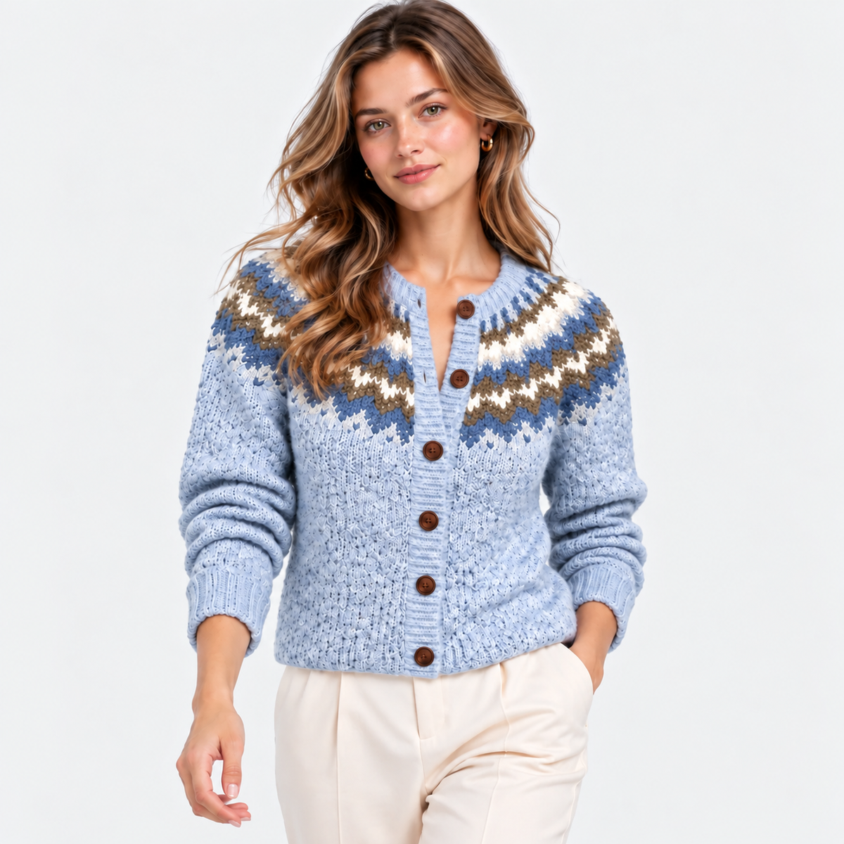 A woman modeling a light blue knit cardigan with a brown and cream geometric pattern across the yoke and front buttons, paired with cream pants, against a plain light gray studio background.