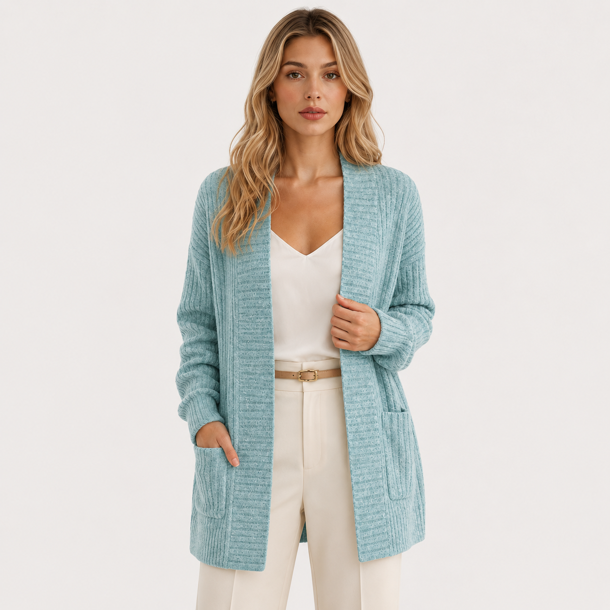 A woman modeling a light blue textured knit cardigan over a white top and cream pants, photographed against a clean off-white studio background.