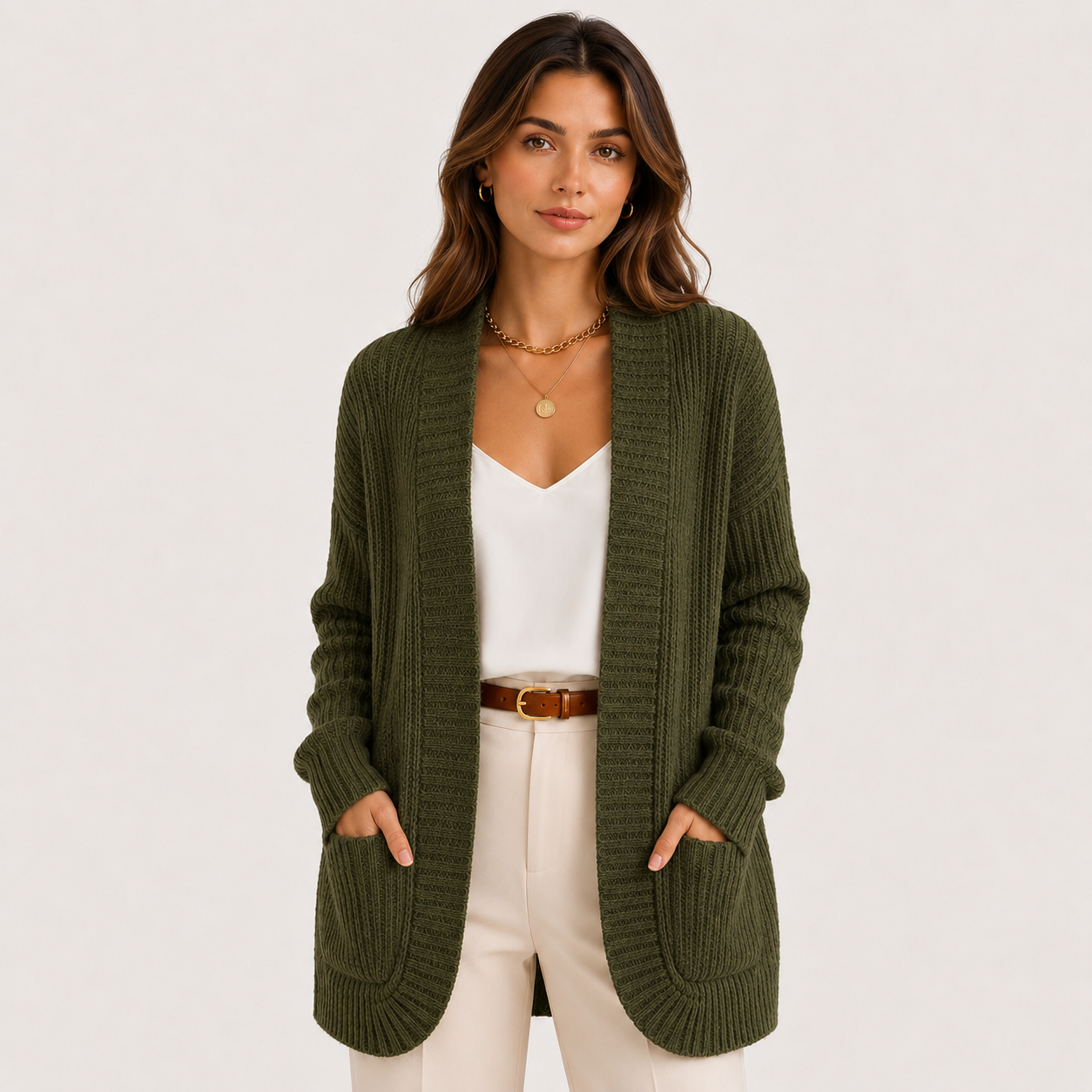 A woman modeling a ribbed open-front cardigan sweater in olive green, worn over a white top and cream pants with a brown belt, against a plain light background.