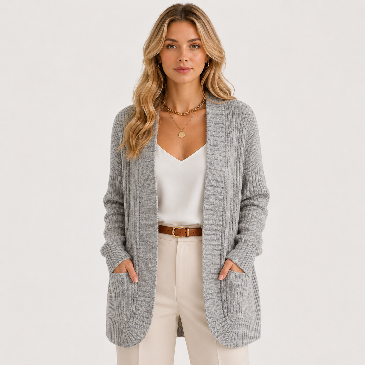 A woman modeling a light gray ribbed open-front cardigan over a white top and cream pants, standing against a plain light background.