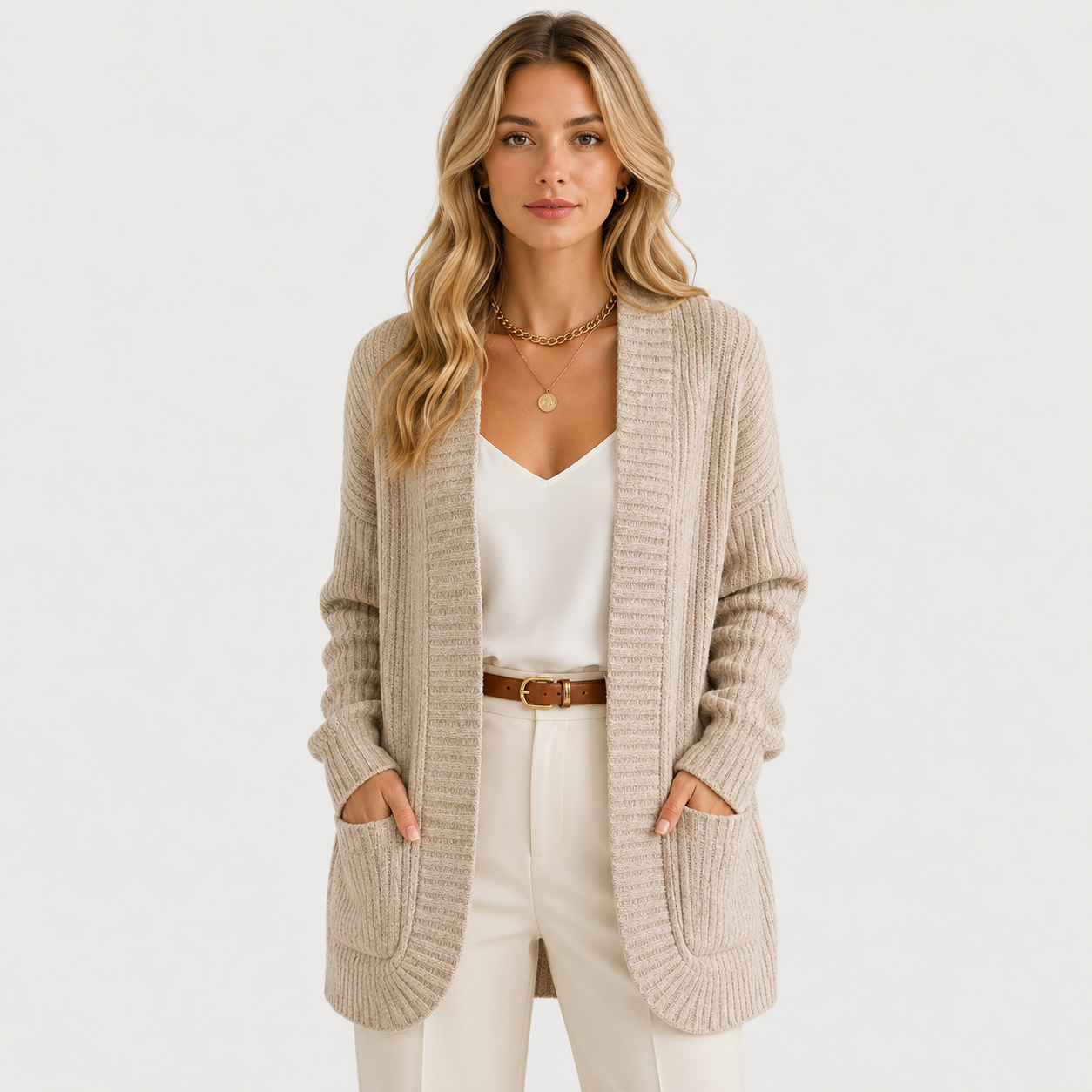A woman modeling a long, open-front ribbed knit cardigan in a light oatmeal beige color, worn over a white camisole and cream pants with a brown belt, against a plain white studio background.