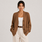 A woman modeling a brown ribbed knit cardigan over a white tank top and cream trousers, photographed against a plain light gray studio background.