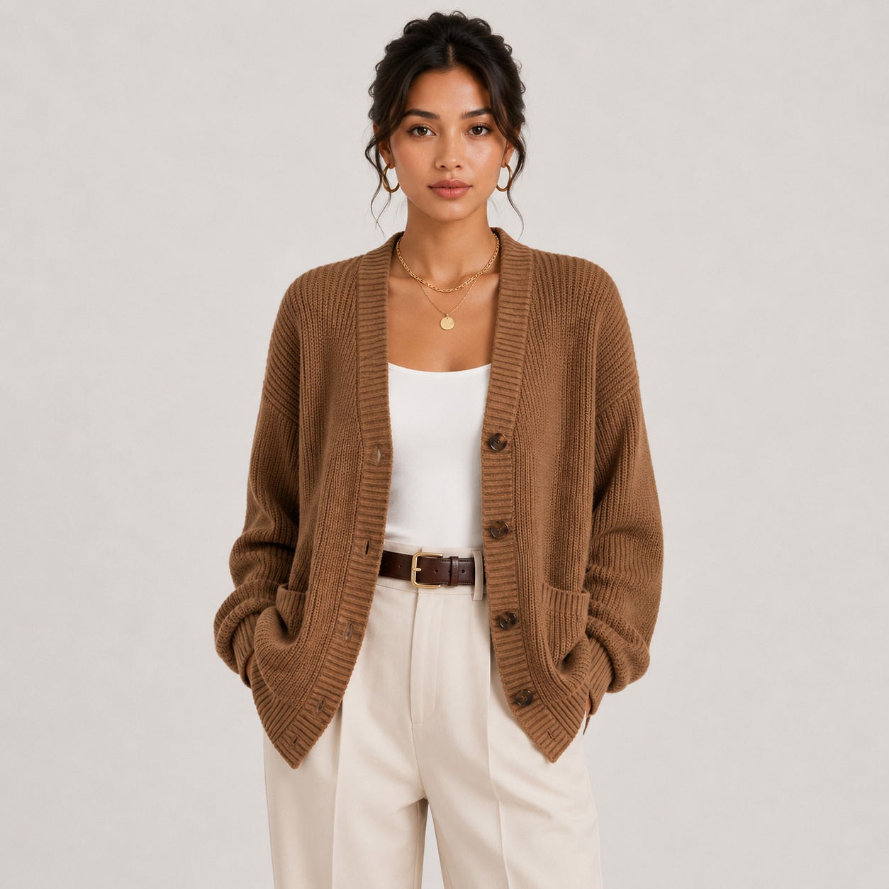 A woman modeling a brown ribbed knit cardigan over a white tank top and cream trousers, photographed against a plain light gray studio background.