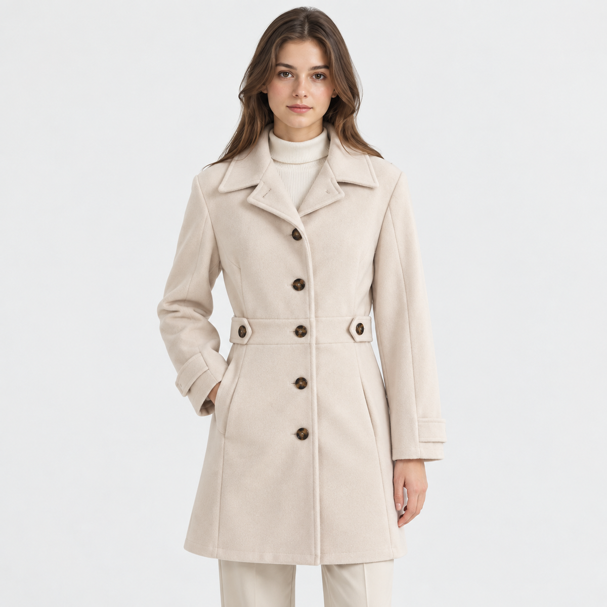 A woman modeling a light beige mid-length coat with a notched lapel, dark brown buttons, and a matching fabric belt, paired with a white turtleneck and beige trousers against a plain white studio background.