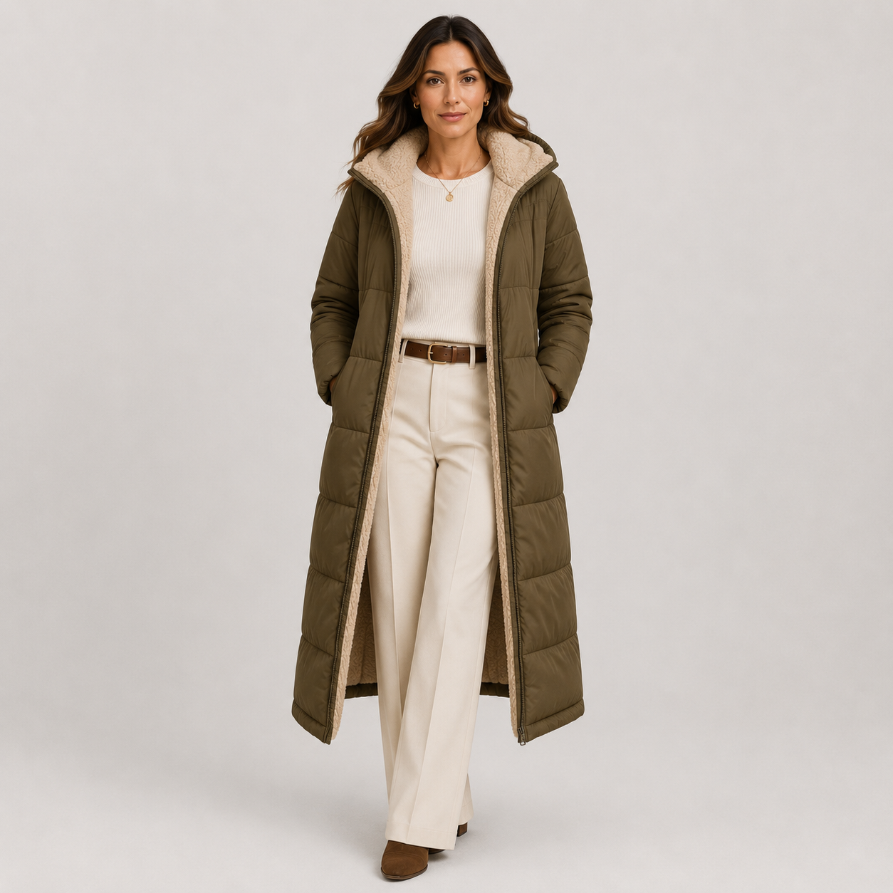 A woman models a long olive green puffer coat with a beige sherpa-lined hood and interior, styled with a cream top, cream wide-leg trousers, and brown shoes against a light gray studio background.