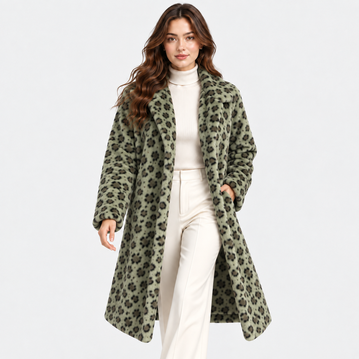 A woman modeling a long olive green faux fur coat with a black leopard print pattern, worn over a cream turtleneck and cream trousers, against a light gray studio background.