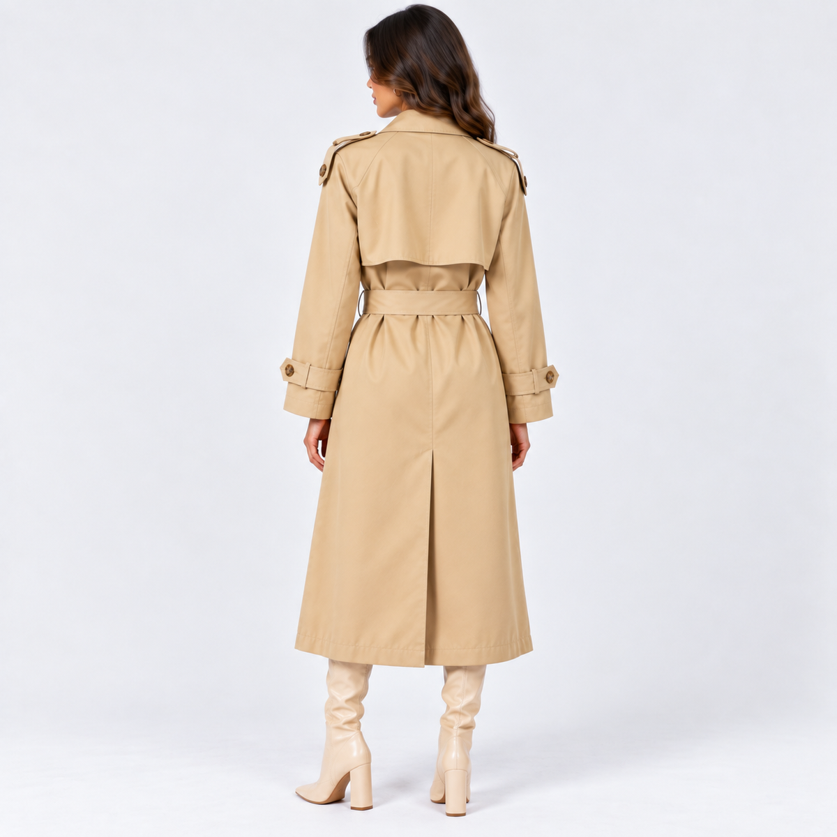 A woman shown from the back wearing a classic beige trench coat with a matching waist belt, paired with beige heeled boots, against a plain white studio background.