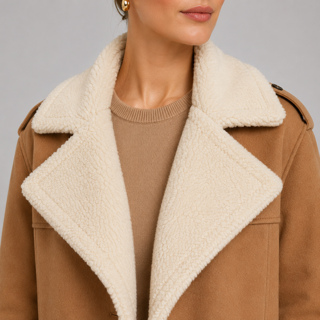 Close-up of a model wearing a camel brown shearling-lined coat over a beige knit sweater, against a neutral gray background.