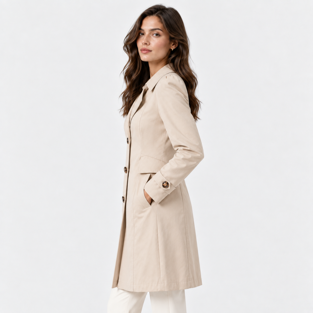 A woman wearing a light beige trench coat with white pants, shown from a side profile against a plain white studio background.