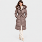 Women's taupe long puffer coat with faux fur hood trim and waist belt