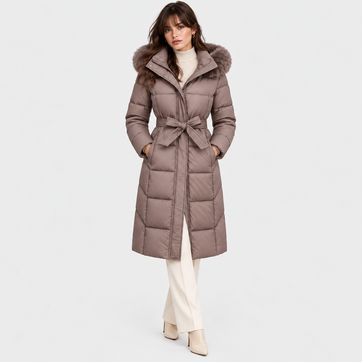 Women's taupe long puffer coat with faux fur hood trim and waist belt