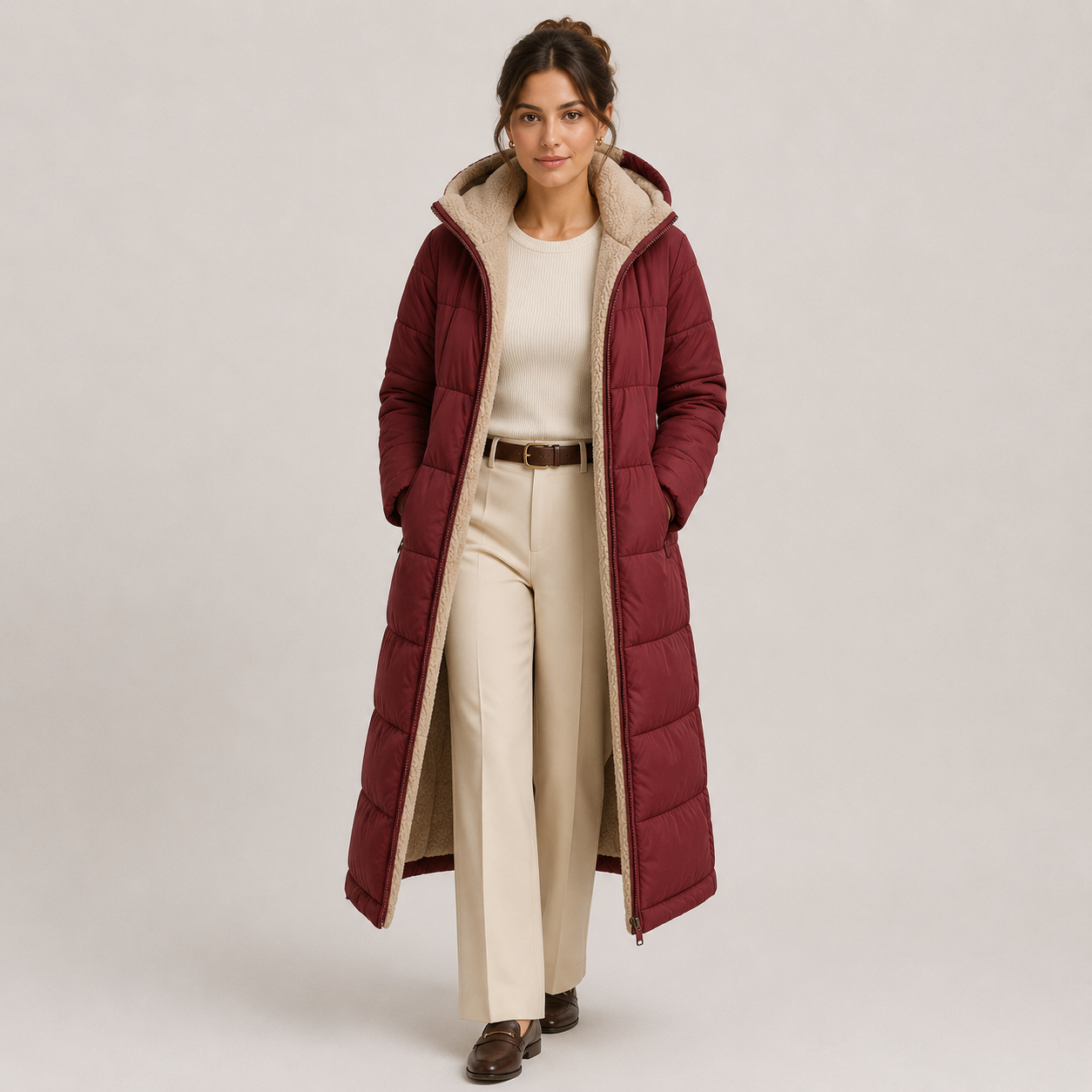 A woman models a long burgundy puffer coat with a cream sherpa-lined hood and interior, worn over a cream sweater and matching trousers, against a light gray studio background.
