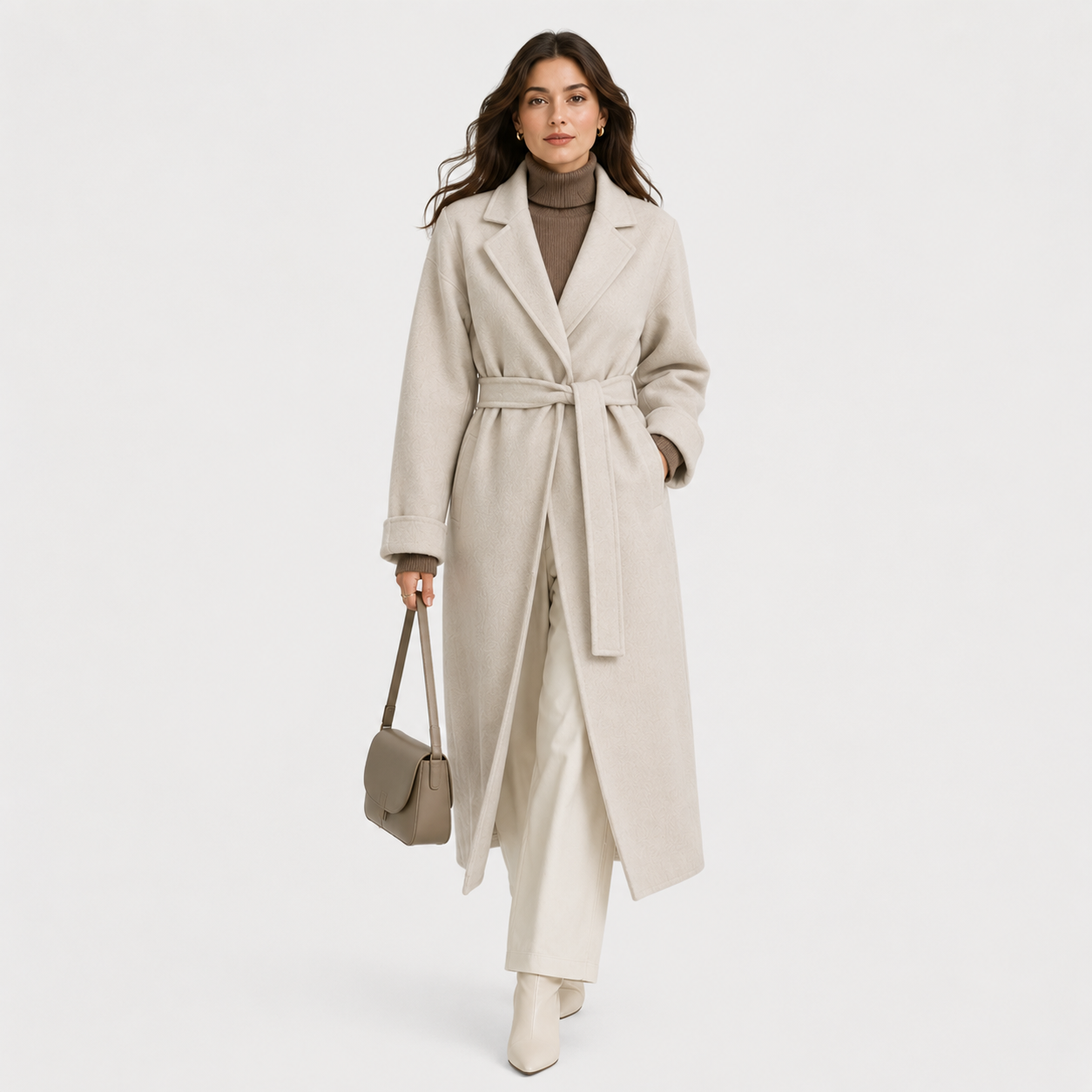 A woman models a long, light beige belted coat over a brown turtleneck, matching wide-leg trousers, and beige ankle boots, while holding a taupe handbag against a plain light gray studio background.