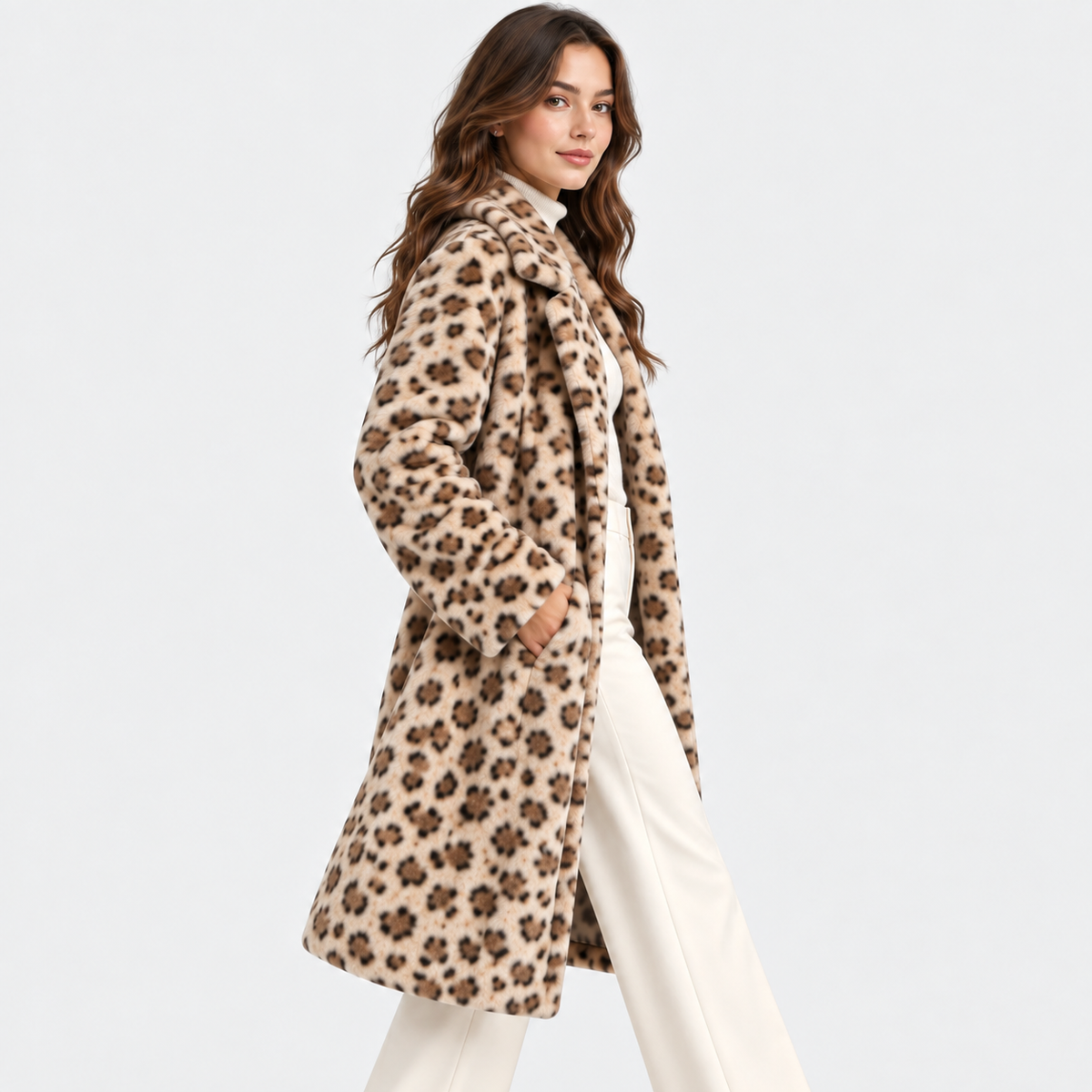 A woman modeling a mid-length leopard-print faux fur coat over a white top and white wide-leg pants, photographed against a clean light gray studio background.