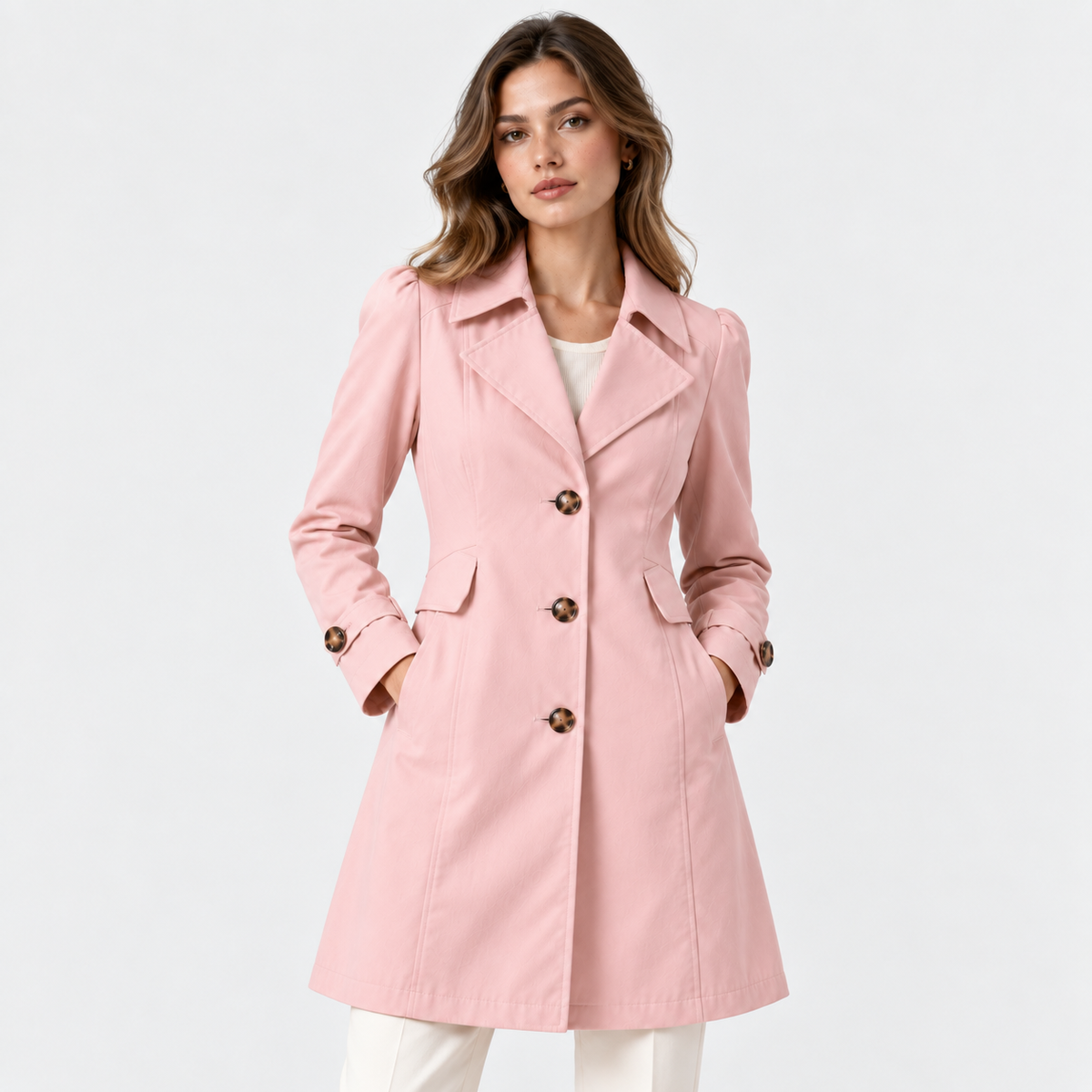 A woman modeling a light pink double-breasted trench coat with dark brown buttons, paired with white pants, against a plain white studio background.