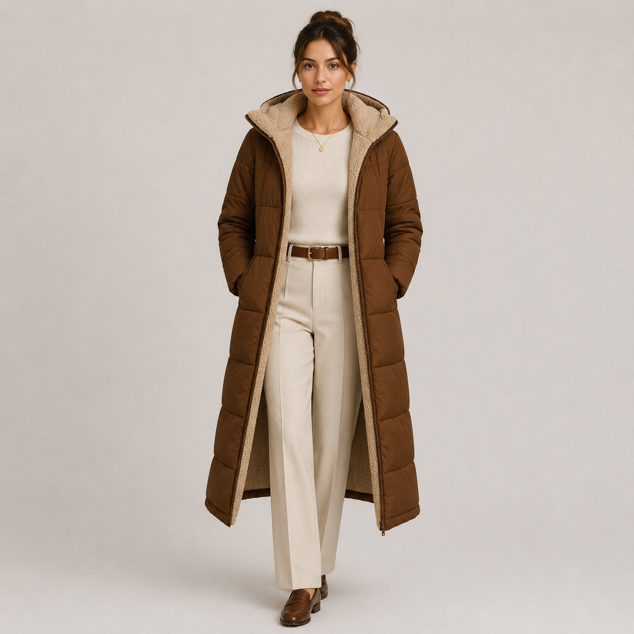 A woman models a long brown puffer coat with a beige sherpa-lined hood and interior, styled with a cream sweater, cream trousers, and brown shoes against a light gray studio background.