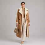 A woman models a long camel-colored double-breasted coat with a cream shearling-style collar and lining, paired with cream trousers, a beige top, and a structured taupe handbag against a neutral gray studio background.