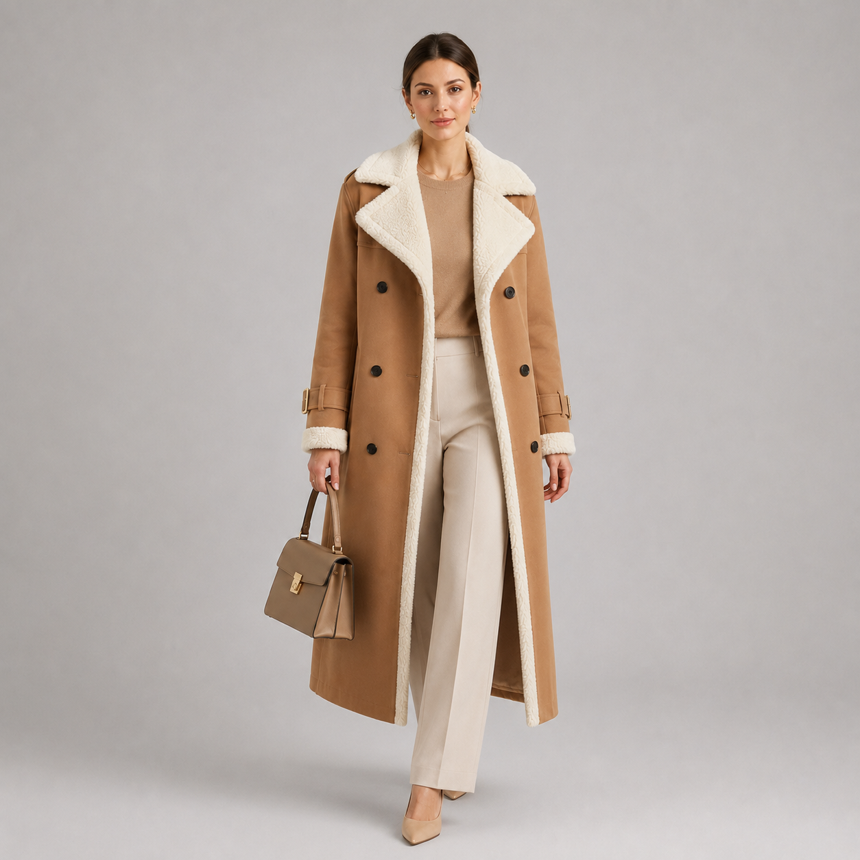 A woman models a long camel-colored double-breasted coat with a cream shearling-style collar and lining, paired with cream trousers, a beige top, and a structured taupe handbag against a neutral gray studio background.