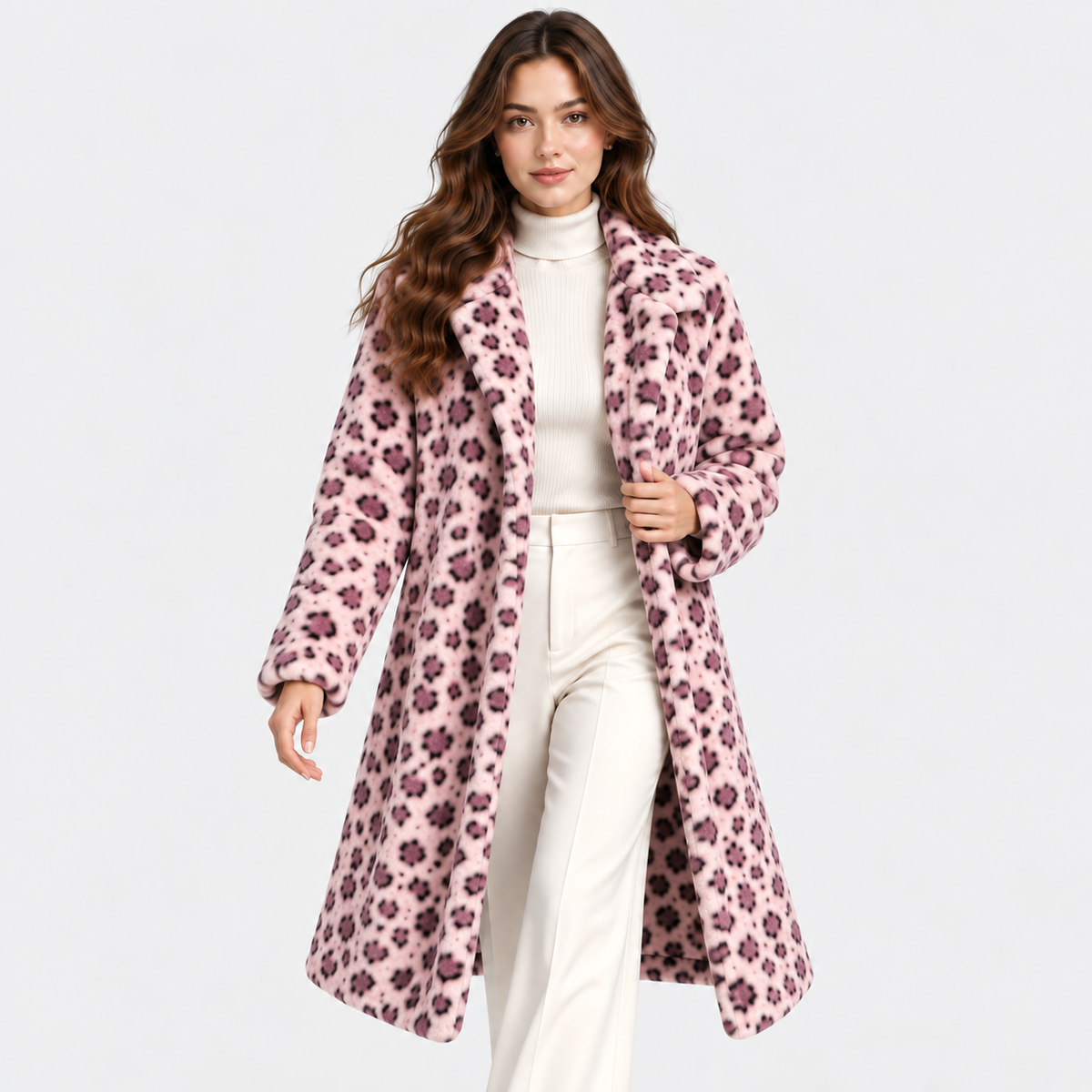 A woman modeling a long pink faux-fur coat with a dark plum leopard print pattern, worn over a cream ribbed turtleneck and cream trousers, against a light gray studio background.