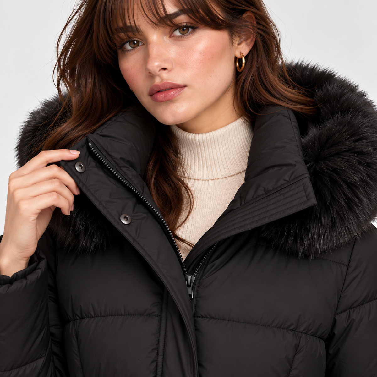 Close-up of women's black puffer coat with faux fur hood trim and high collar