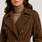 A close-up of a model wearing a brown textured suede trench coat over a beige ribbed turtleneck sweater, set against a plain light gray background.