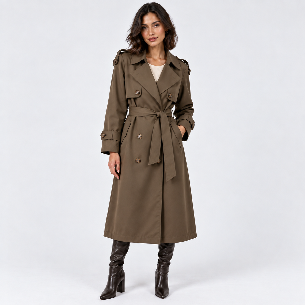 A woman modeling a mid-length olive brown trench coat with a tie waist belt, double-breasted buttons, and shoulder epaulets, paired with dark brown heeled boots against a light gray studio background.